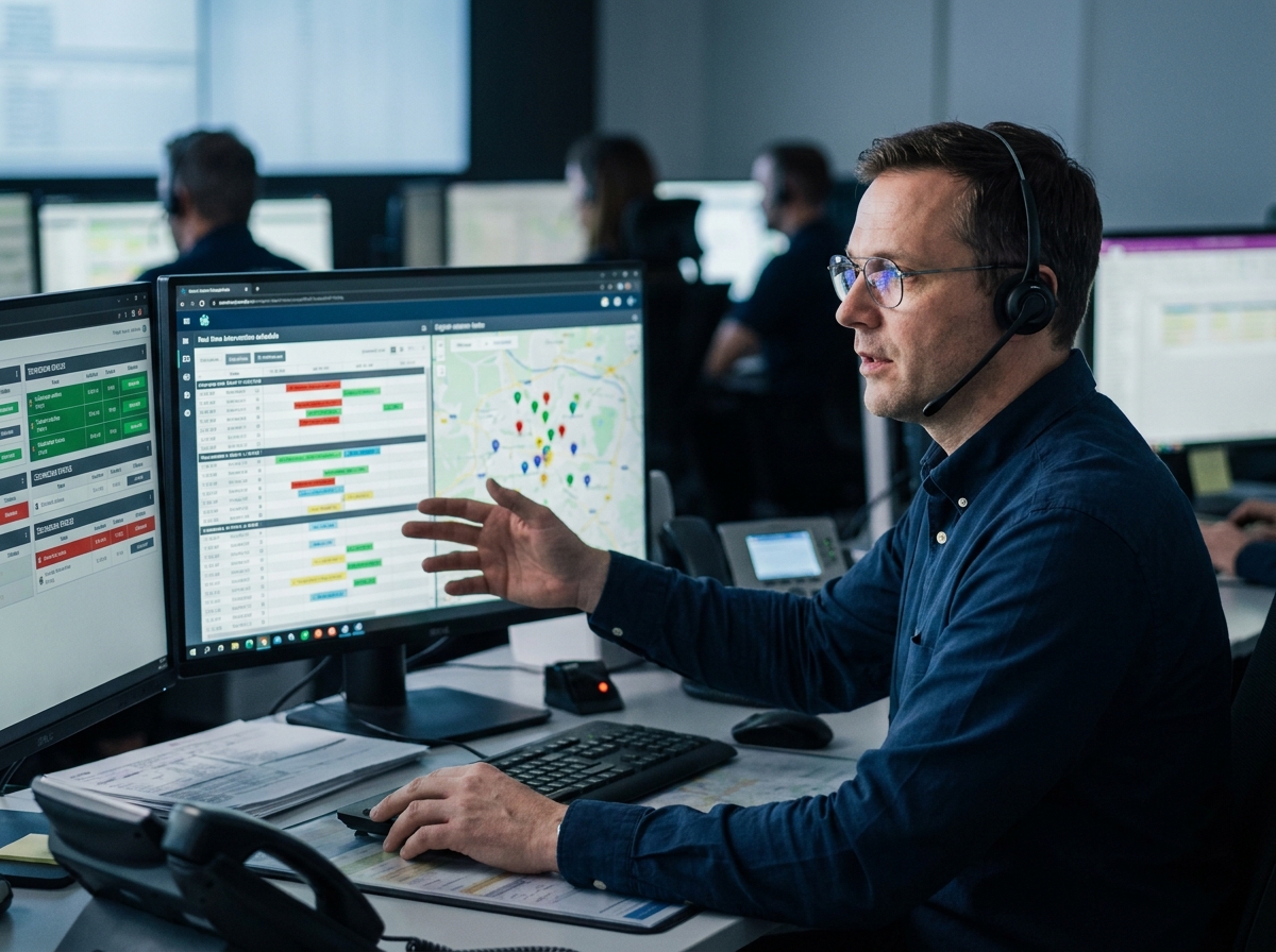 Dispatcher gérant en temps réel les interventions depuis un centre de contrôle avec logiciel de planning