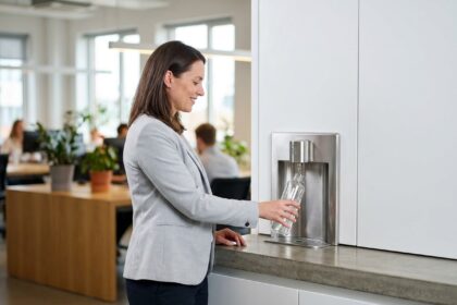 Femme professionnelle remplissant une gourde en verre à un distributeur d'eau filtrée dans une cuisine de bureau moderne