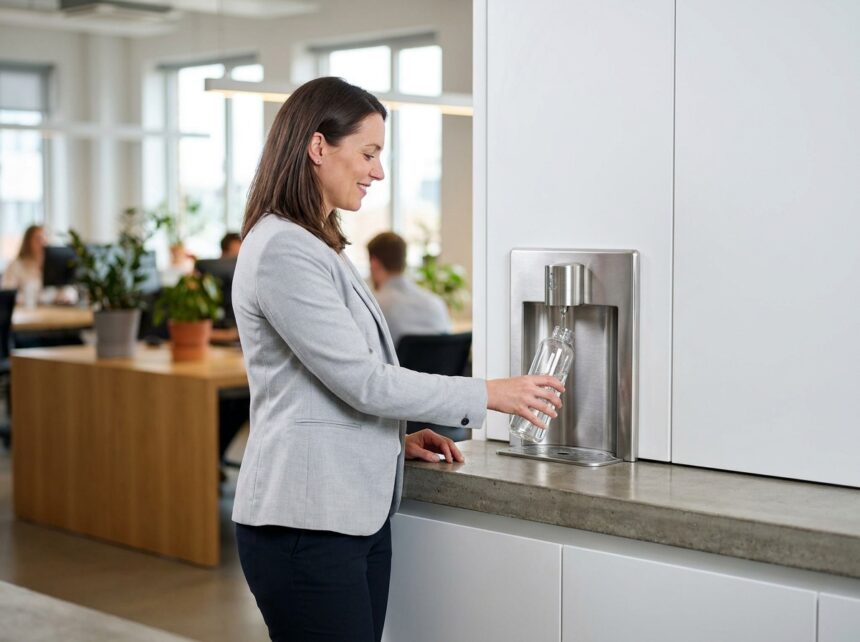 Femme professionnelle remplissant une gourde en verre à un distributeur d'eau filtrée dans une cuisine de bureau moderne