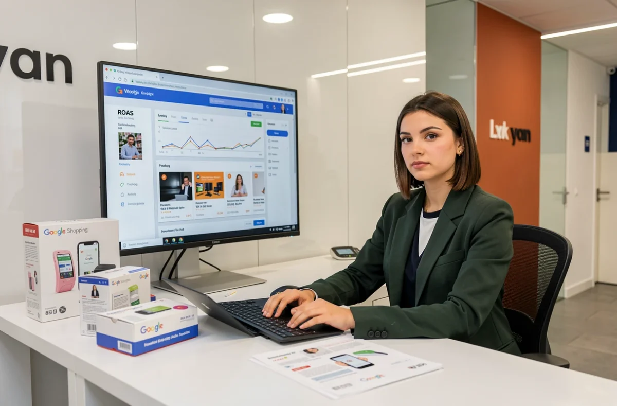 Spécialiste e-commerce de l'agence Doko analysant les performances Google Shopping et les campagnes orientées ROAS dans un bureau à Lyon