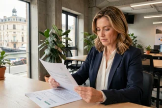 Femme d'affaires consultant des documents de domiciliation d'entreprise dans un espace de coworking à La Rochelle