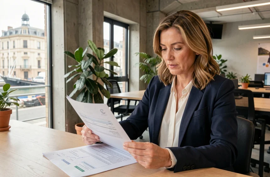Femme d'affaires consultant des documents de domiciliation d'entreprise dans un espace de coworking à La Rochelle