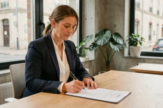 Femme d'affaires signant des documents de domiciliation d'entreprise dans un espace de coworking de l'Oise