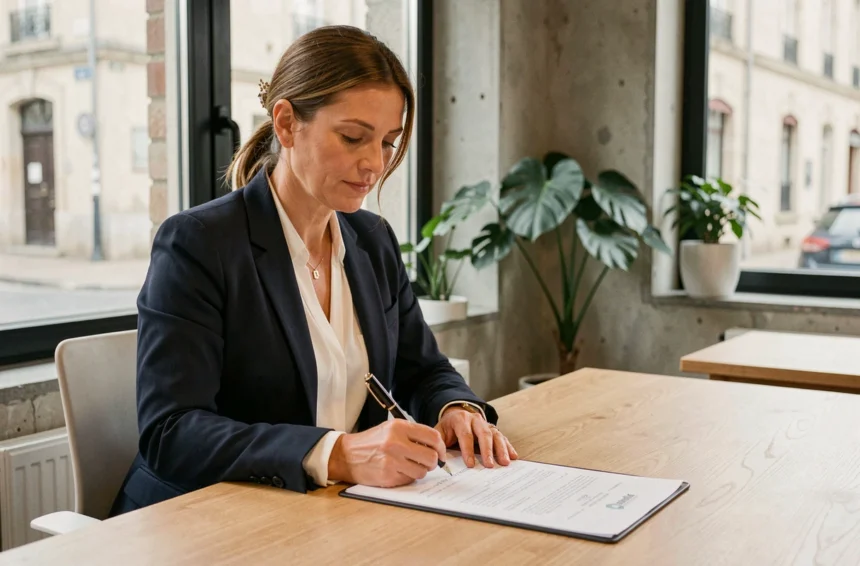 Femme d'affaires signant des documents de domiciliation d'entreprise dans un espace de coworking de l'Oise