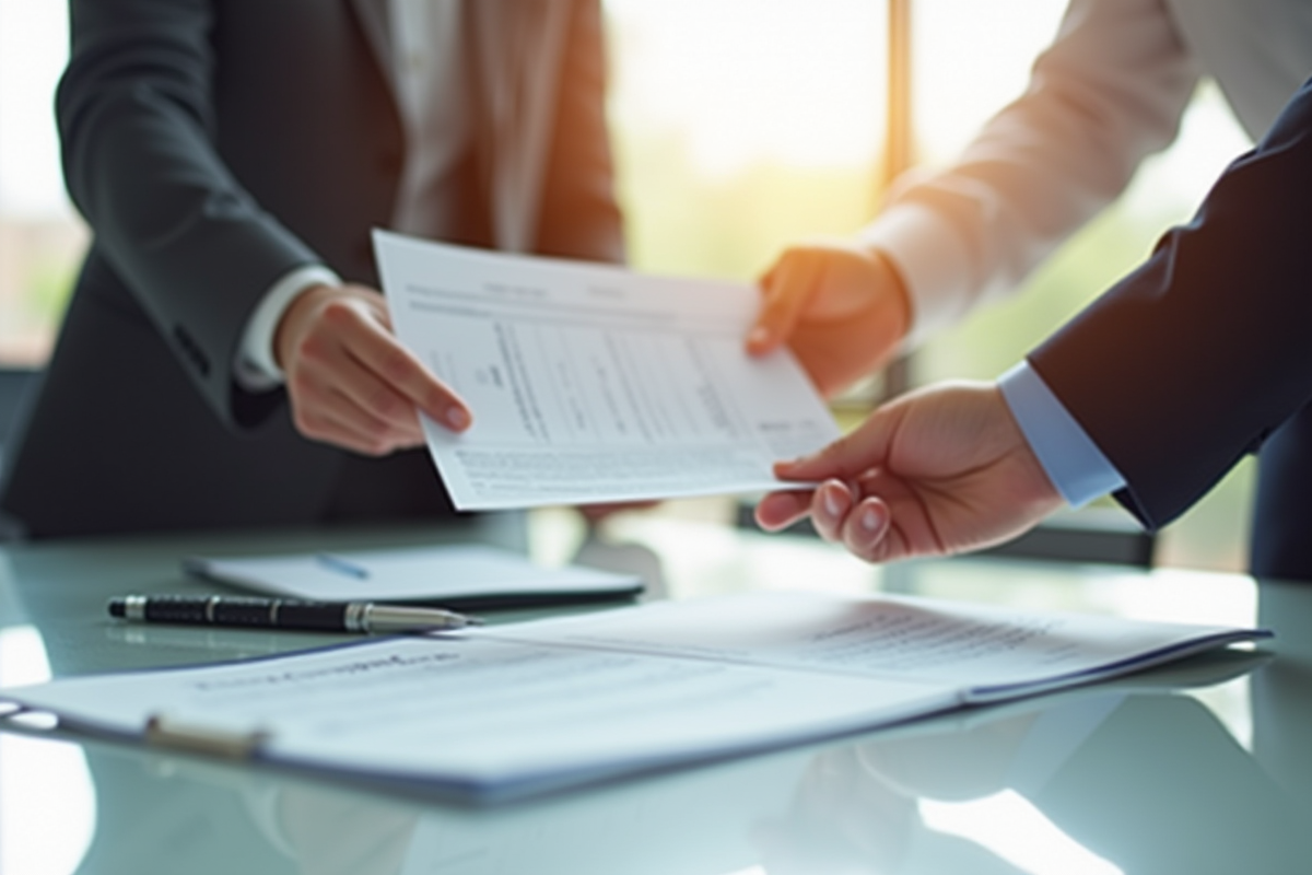 Partage de document officiel entre deux personnes dans un bureau lumineux