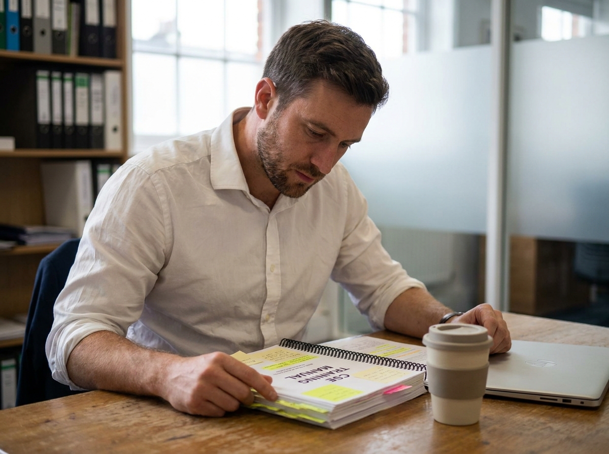 Élu du CSE étudiant seul un manuel de formation dans un espace de coworking parisien