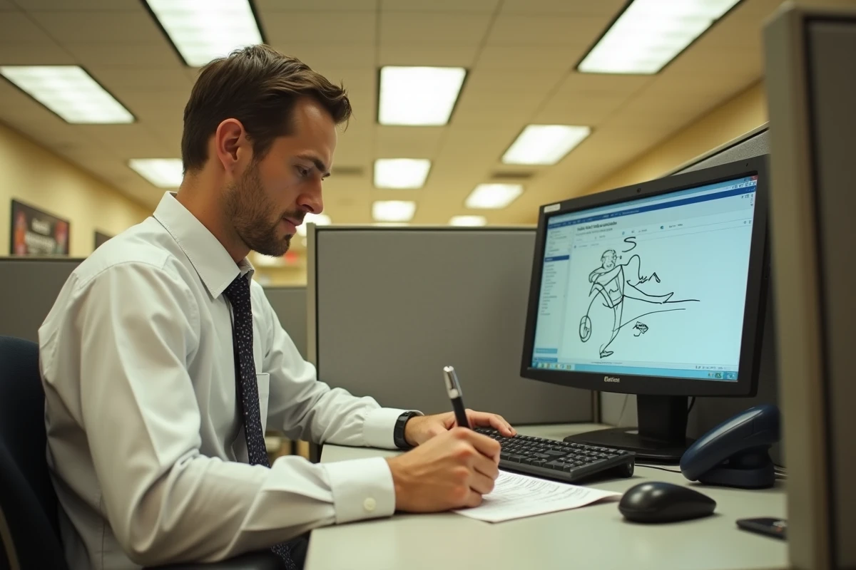 Employé désengagé dessinant dans un bureau cubicle illustrant le principe de Dilbert et la démotivation au travail