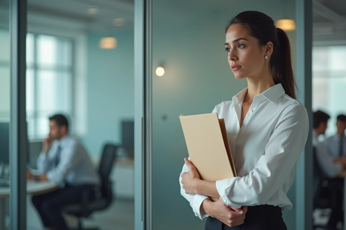 Employée réembauchée après licenciement tenant un dossier dans un couloir de bureau moderne, exprimant incertitude professionnelle
