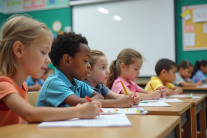 Enfants d'école primaire dessinant dans une classe moderne