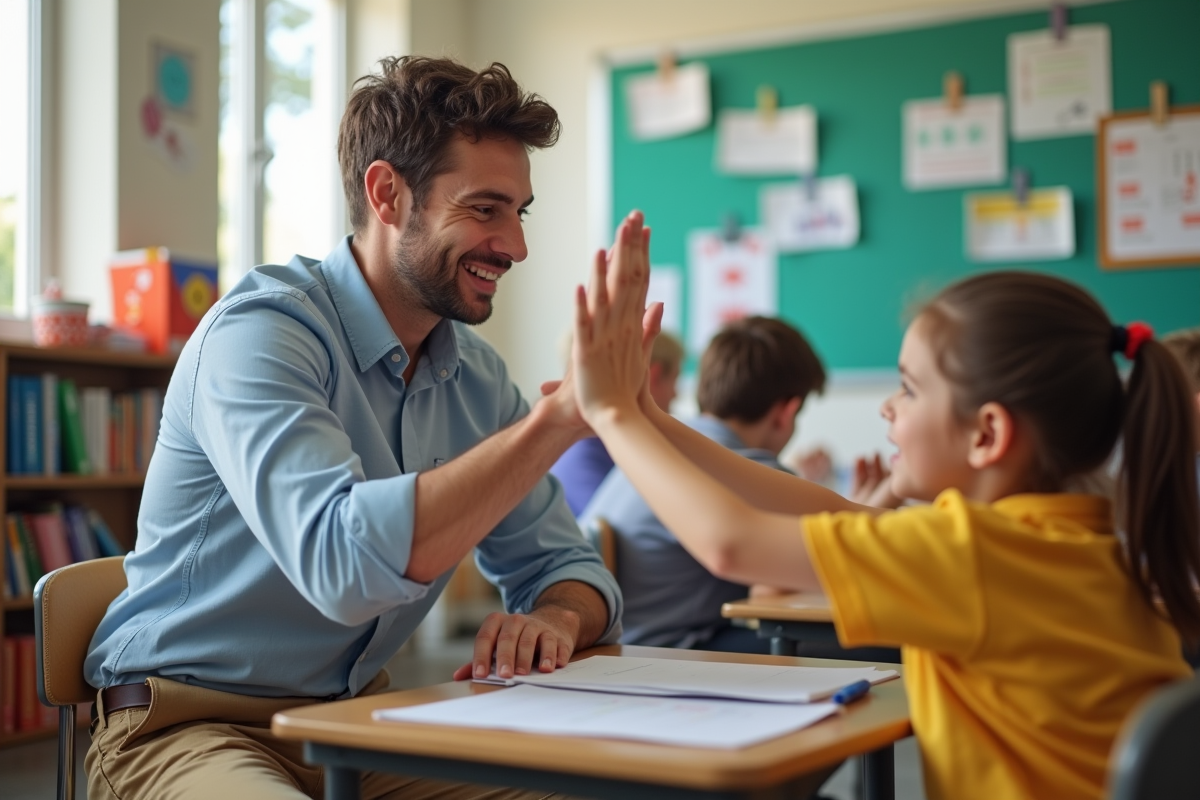 Enseignant donne un high five à un élève dans la classe