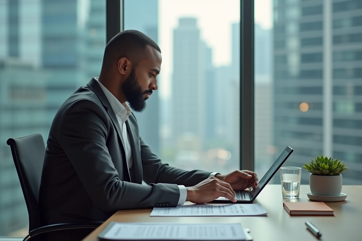 Entrepreneur analysant des documents financiers pour préparer une levée de fonds dans un bureau moderne en ville