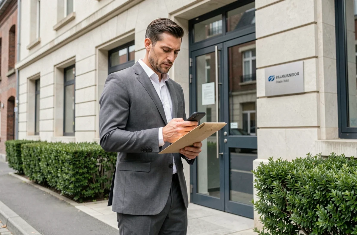 Entrepreneur devant un centre de domiciliation d'entreprise dans l'Oise consultant son téléphone