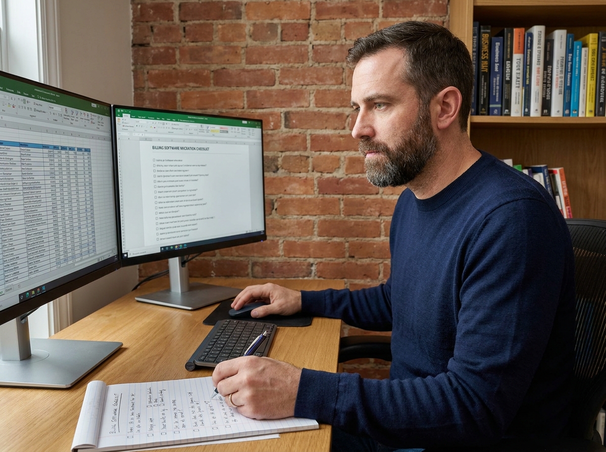 Entrepreneur travaillant depuis son bureau à domicile sur une liste de vérification pour changer de logiciel de facturation