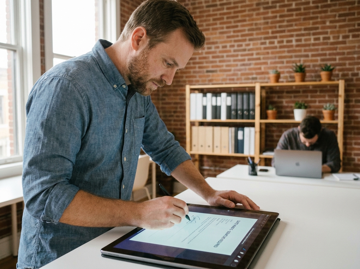 Entrepreneur signant un devis numérique sur tablette dans un espace de coworking moderne