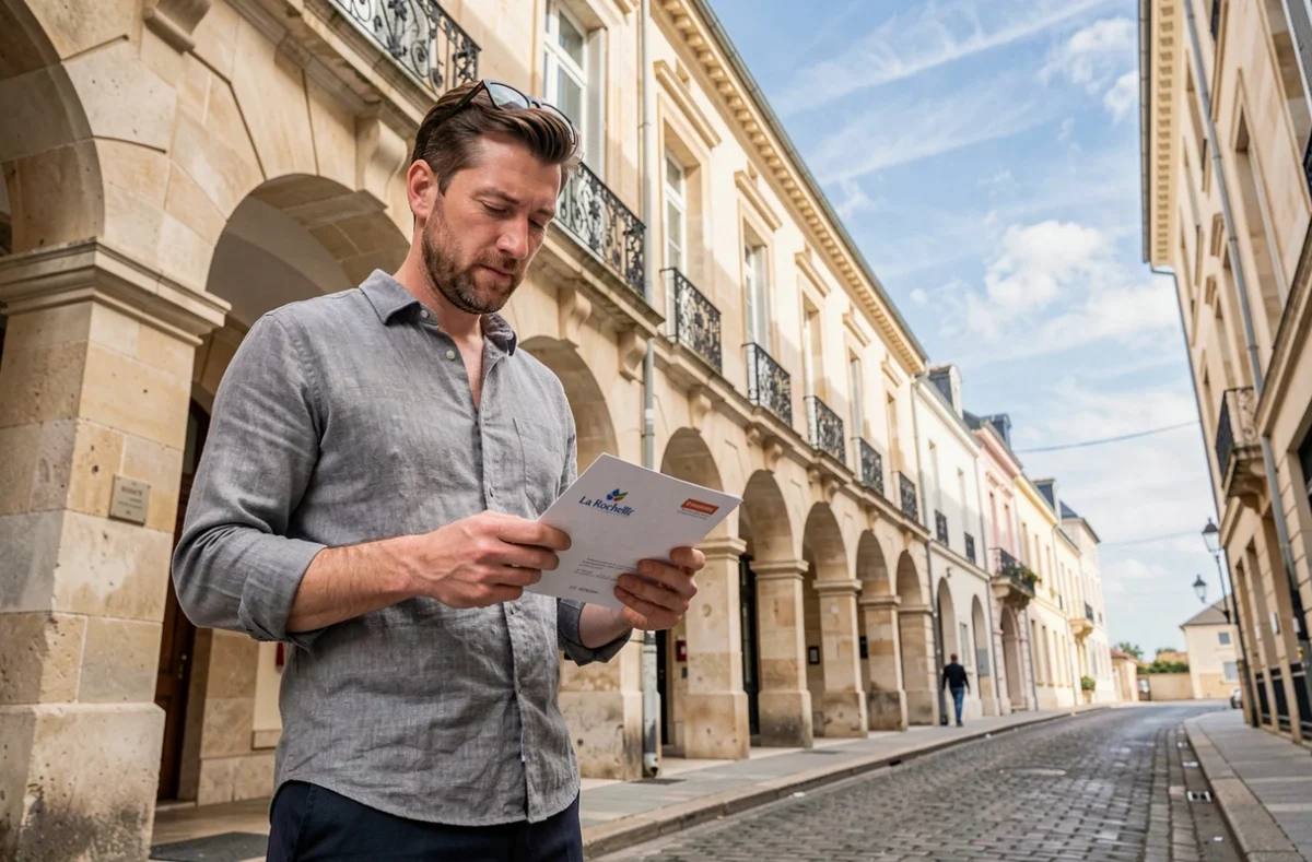 Entrepreneur devant un immeuble de bureaux en pierre à La Rochelle pour la domiciliation de son entreprise