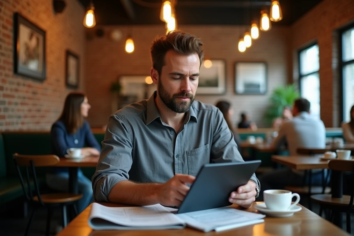 Entrepreneur masculin consultant son abonnement numérique au journal des entrepreneurs dans un café urbain moderne