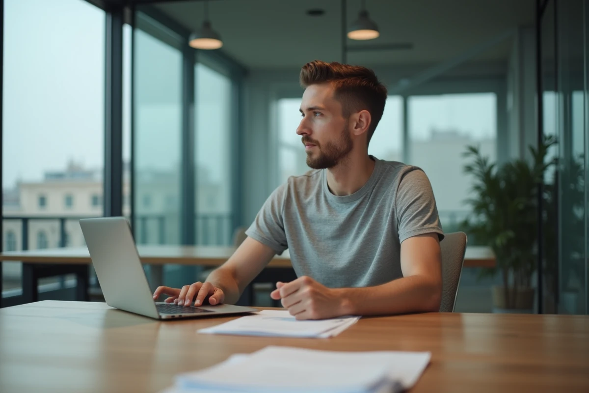 Jeune entrepreneur de la tech en réunion dans un bureau parisien moderne, fondateur d'une startup d'intelligence artificielle
