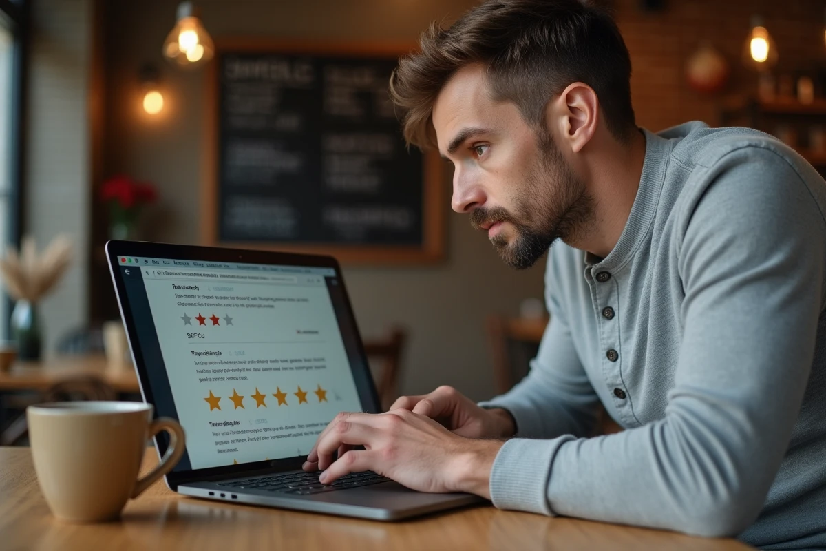 Entrepreneur scrutant les avis clients sur une plateforme en ligne depuis un café, questionnant la fiabilité des évaluations pour son activité
