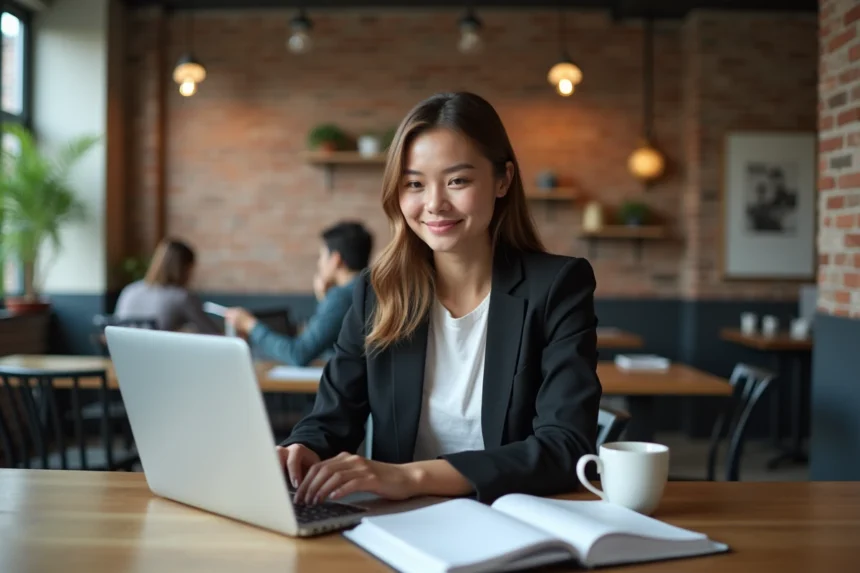 Jeune entrepreneuse freelance concentrée sur son ordinateur portable dans un espace de coworking moderne lors d'un événement pour startups