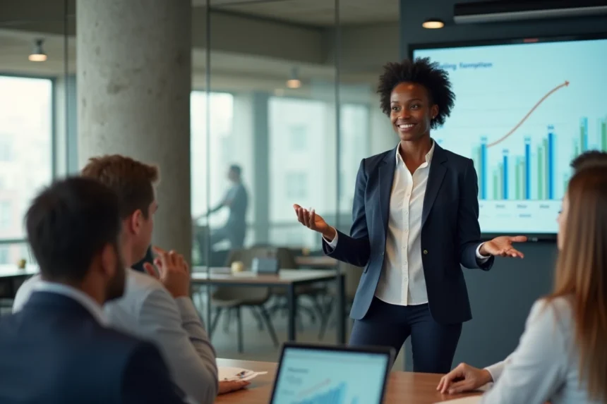 Entrepreneuse présentant son projet de levée de fonds à des investisseurs dans un espace d'accélérateur de startups moderne