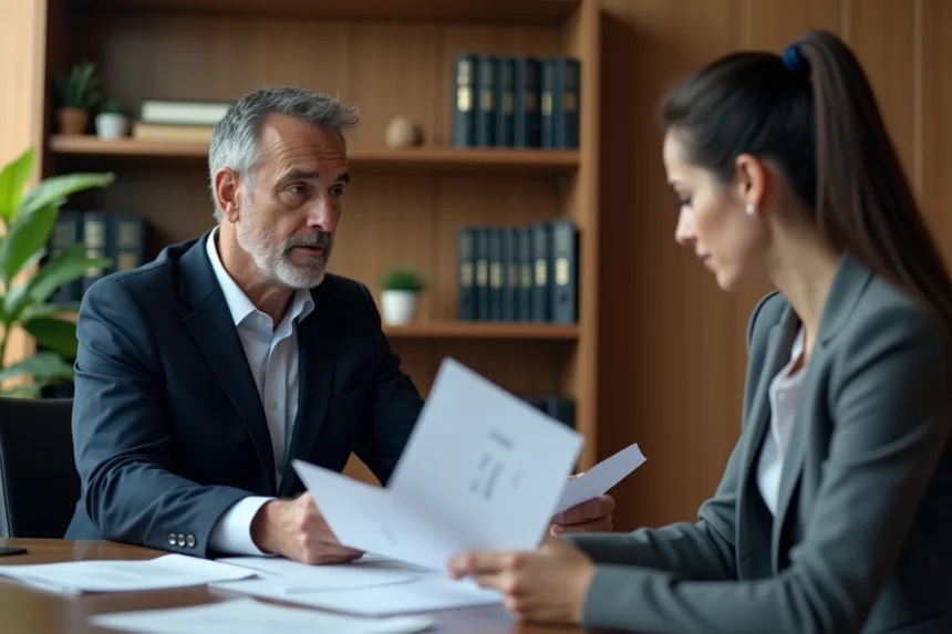 Responsable RH et employée examinant des documents lors d'un entretien de licenciement pour faute grave en entreprise