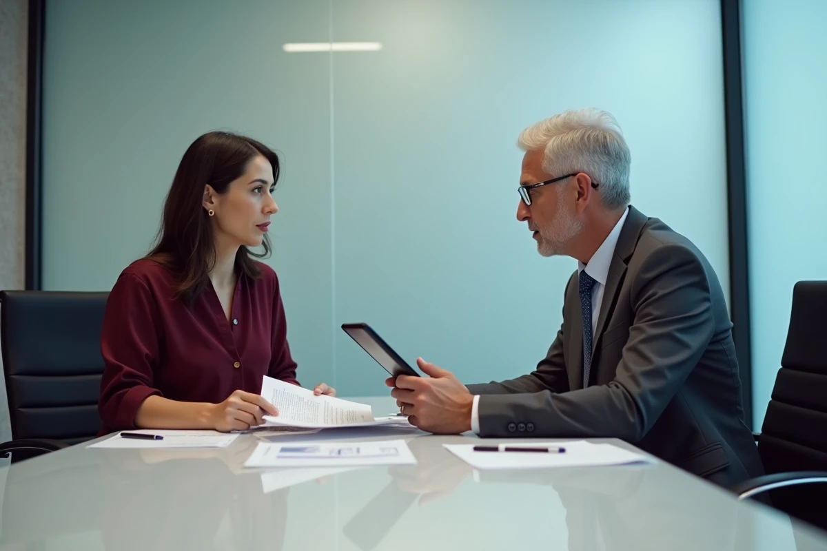 Entretien entre un employé et un responsable RH pour discuter des droits d'accès aux documents lors d'un départ d'entreprise