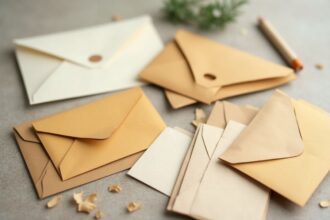 enveloppes T en papier recyclé sur un fond naturel
