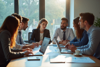 Groupe de professionnels d'affaires collaborant autour de tableaux et graphiques