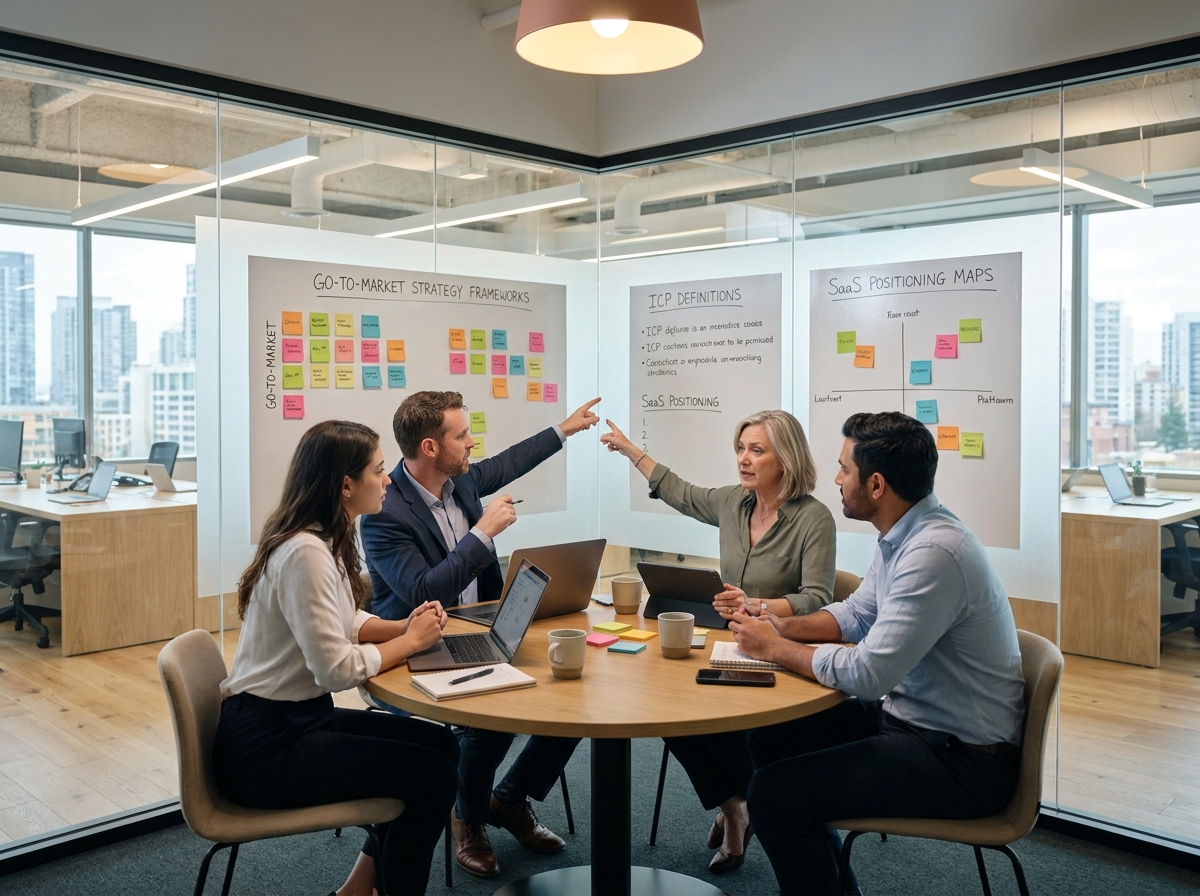 Équipe d'une agence conseil en marketing B2B collaborant sur une stratégie go-to-market pour éditeurs de logiciels