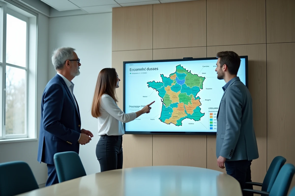Équipe de professionnels analysant des données économiques territoriales sur un écran interactif en salle de réunion institutionnelle