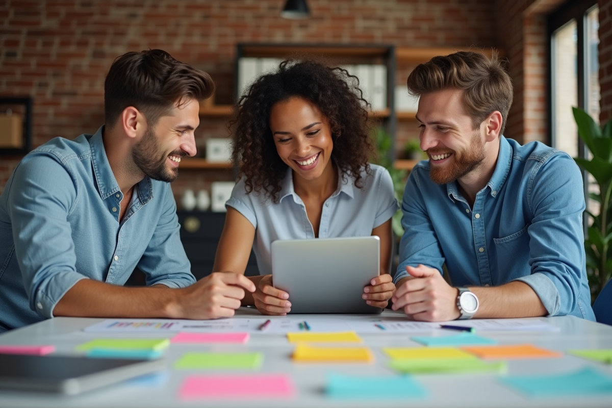 Equipe diversifiee en brainstorming dans un espace de travail creatif