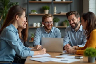 Groupe de collègues souriants dans un bureau moderne