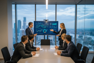 Groupe de professionnels en réunion avec écran digital