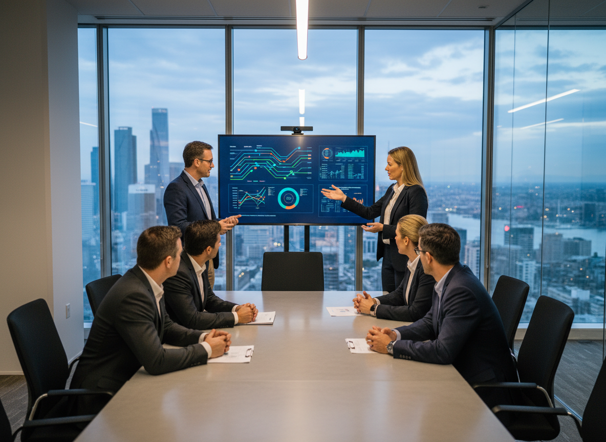 Groupe de professionnels en réunion avec écran digital