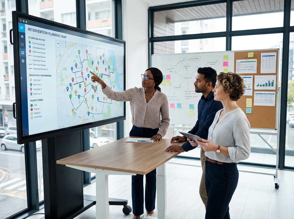 Équipe collaborant sur un logiciel de planification d'interventions avec carte interactive sur grand écran tactile