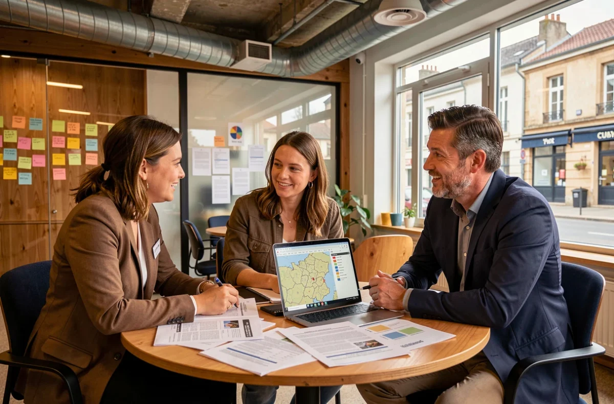 Équipe de planificateurs urbains collaborant sur un portrait économique territorial avec cartes et rapports locaux
