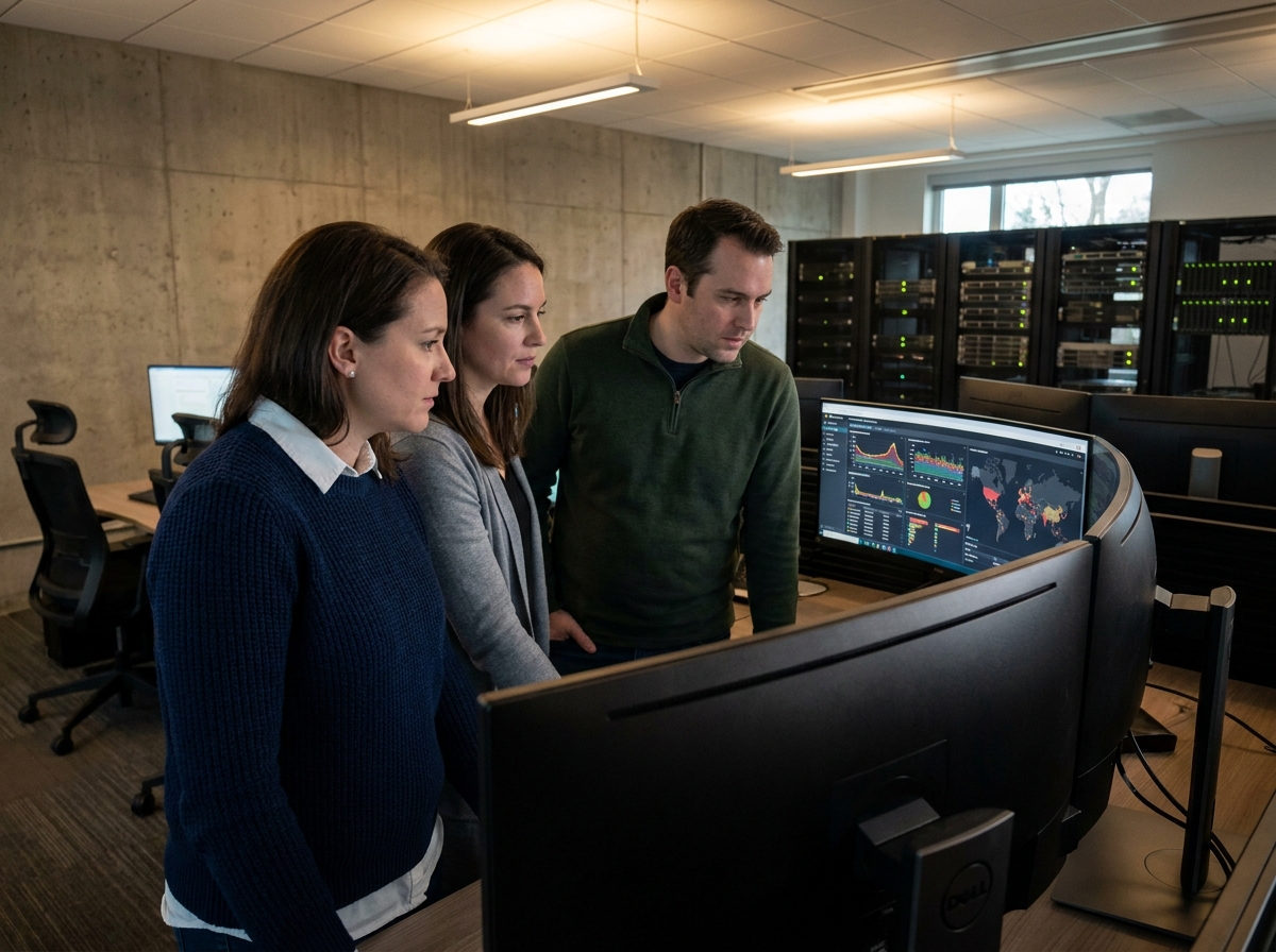 Equipe cyber sécurité collaborant devant écran