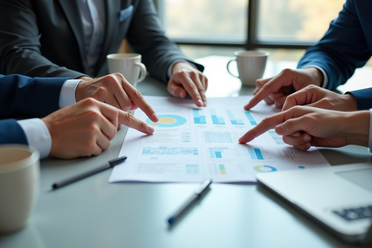 Plusieurs mains pointant un rapport de conformite sur la table