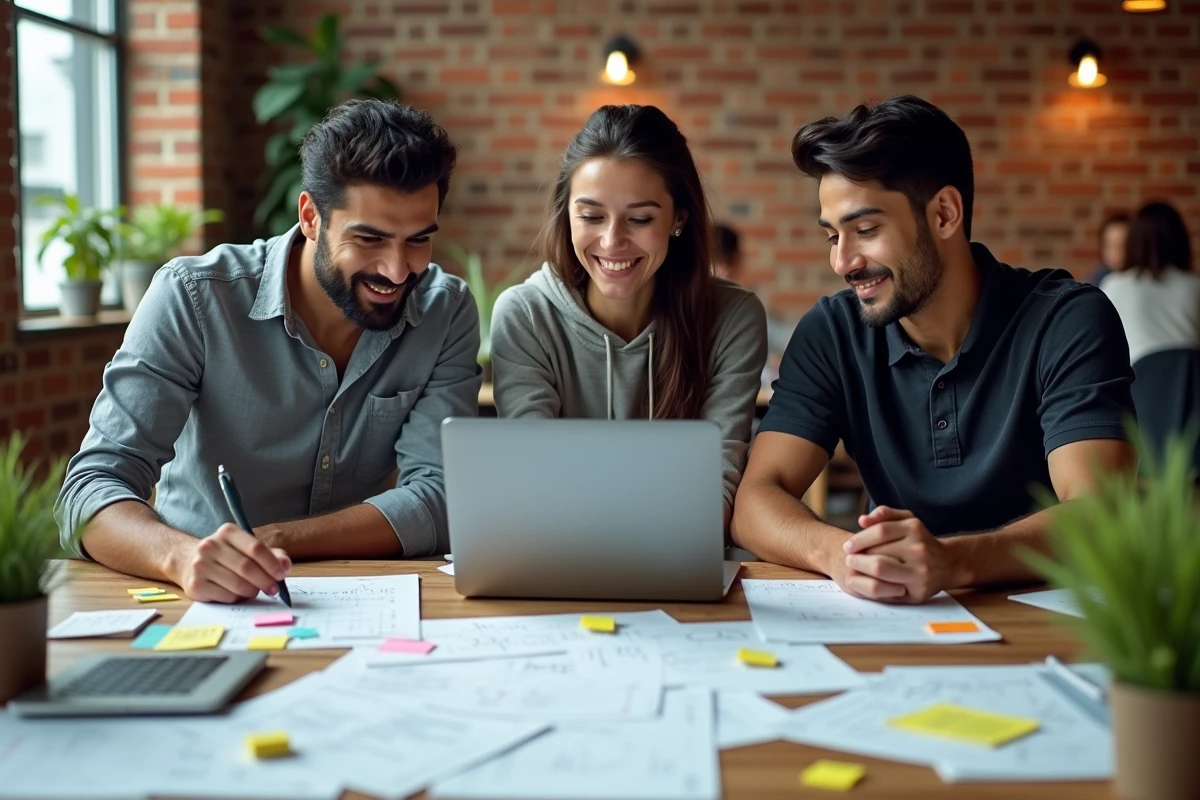 Équipe de fondateurs de startup collaborant sur une stratégie de financement dans un espace de coworking