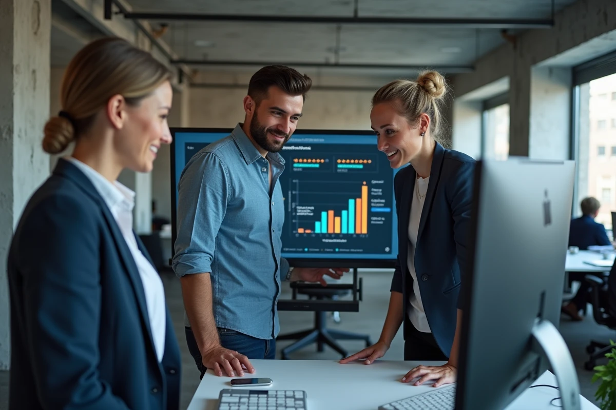 Équipe marketing analysant des témoignages clients et des indicateurs de preuve sociale sur un écran en open space, stratégie de conversion e-commerce