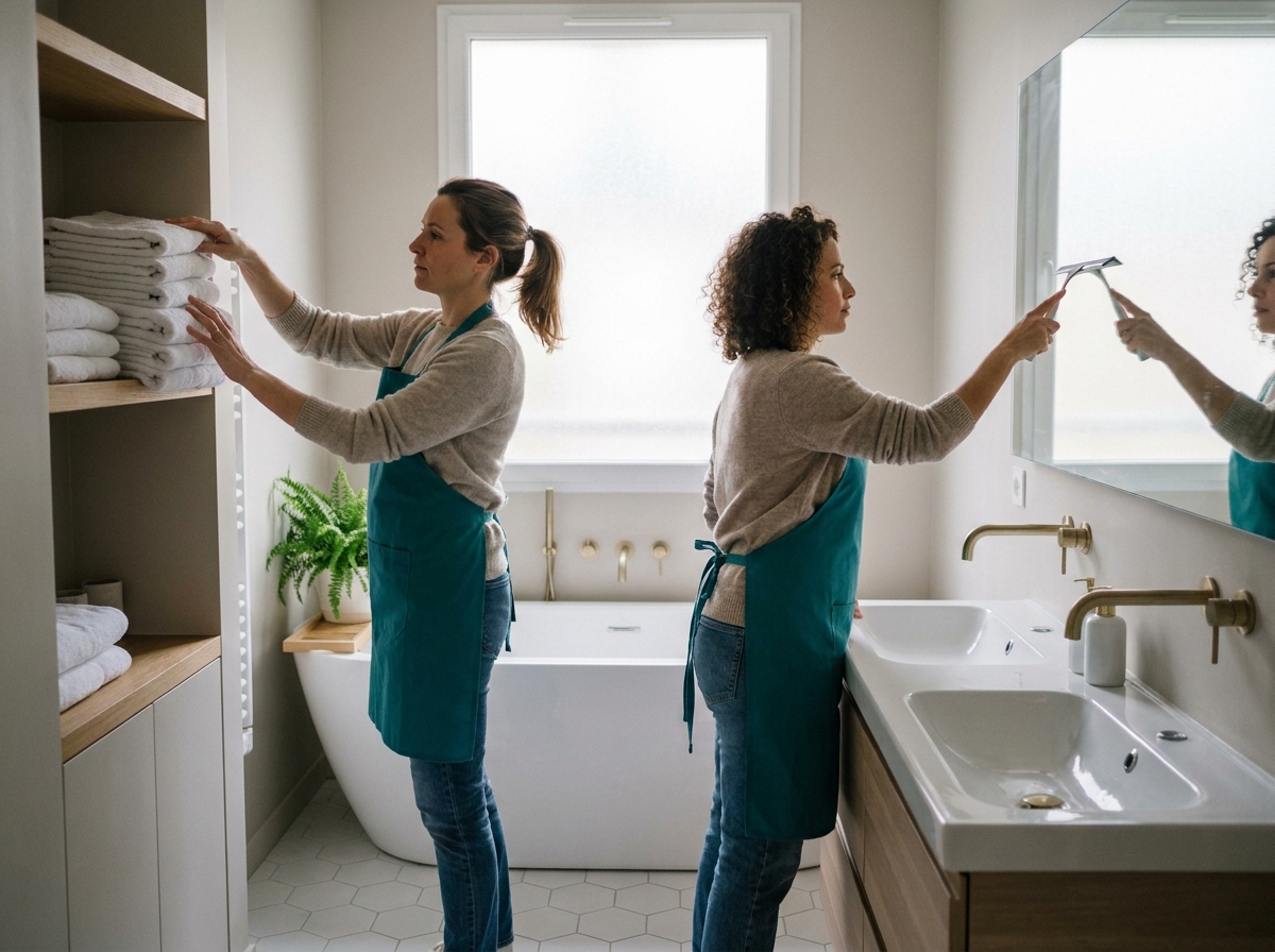 Deux professionnelles du ménage à domicile nettoyant une salle de bain contemporaine avec baignoire et robinetterie dorée