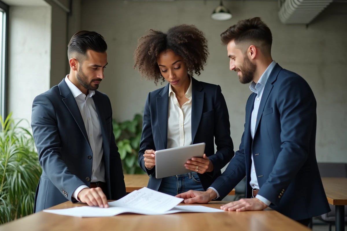 Équipe de professionnels en conformité réglementaire discutant de métriques et de listes de vérification dans un espace de coworking moderne