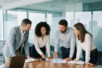 Groupe de quatre professionnels en réunion dans un bureau moderne