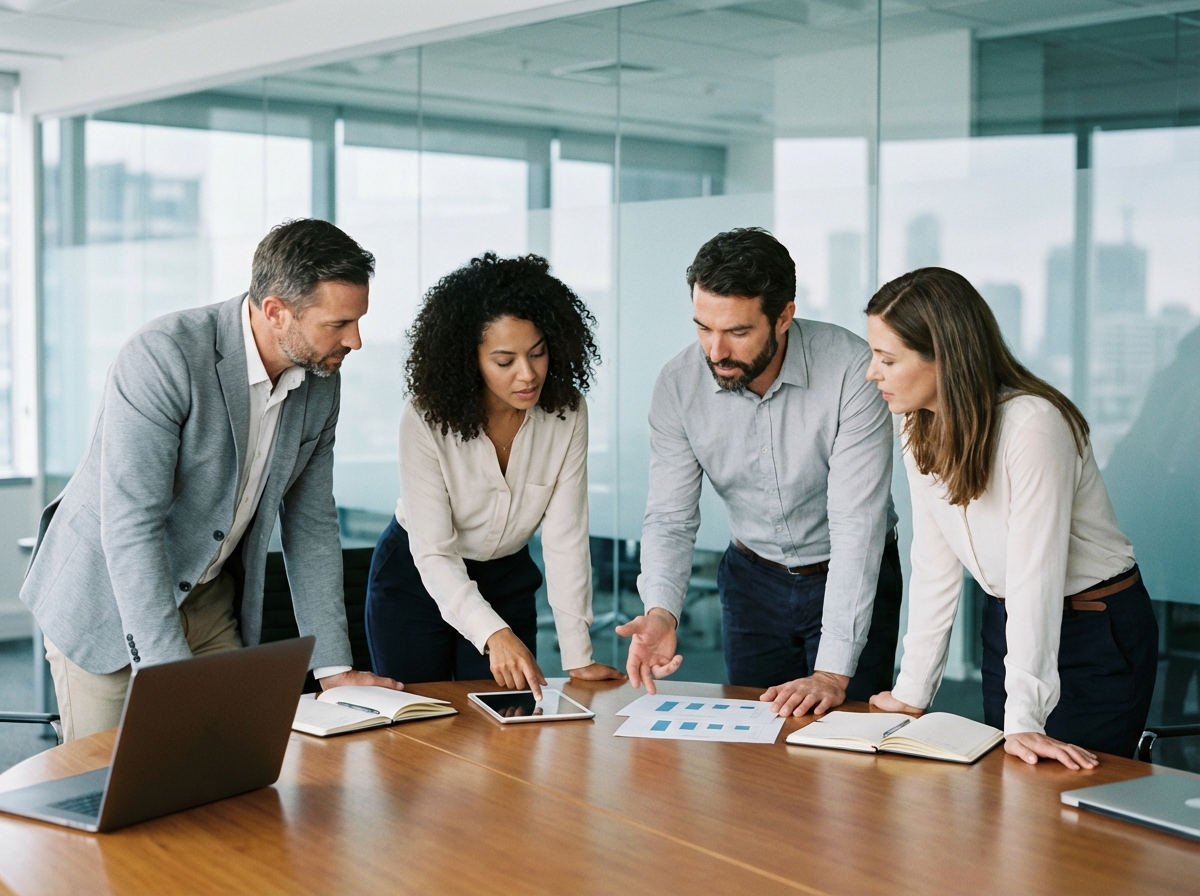 Groupe de quatre professionnels en réunion dans un bureau moderne