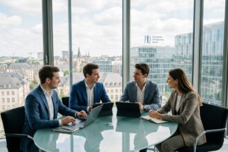 Groupe de professionnels collaborant dans un bureau à Luxembourg