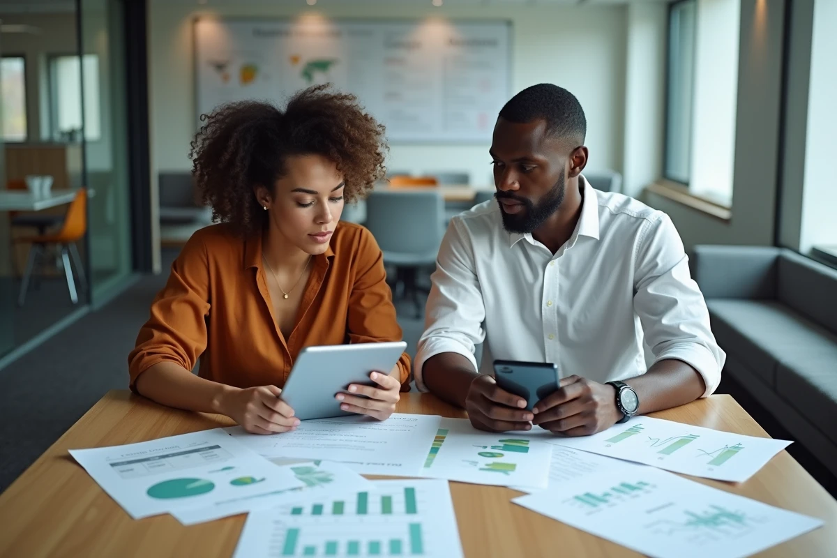 Équipe marketing en réunion hebdomadaire analysant des rapports de performance PPC imprimés autour d'une table de conférence