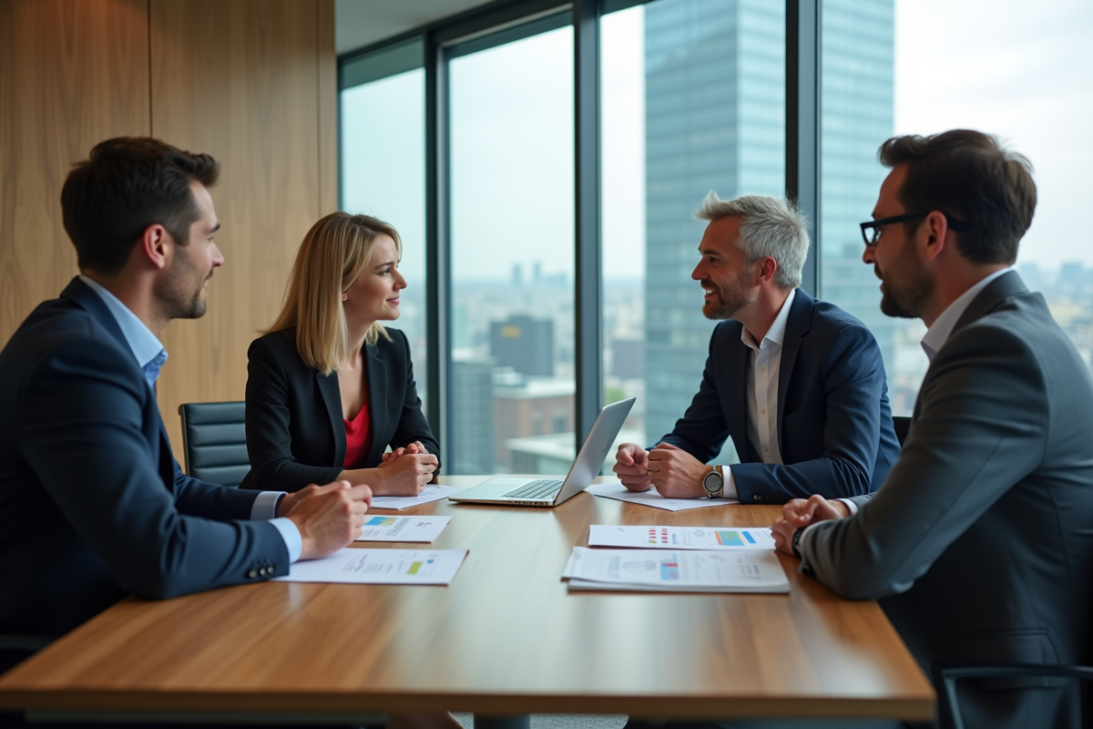 Equipe de professionnels discute stratégie en réunion