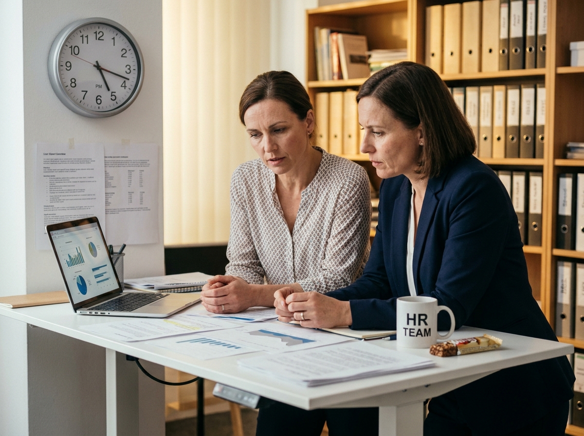 Deux professionnelles RH collaborant sur des rapports de formation professionnelle dans un bureau moderne