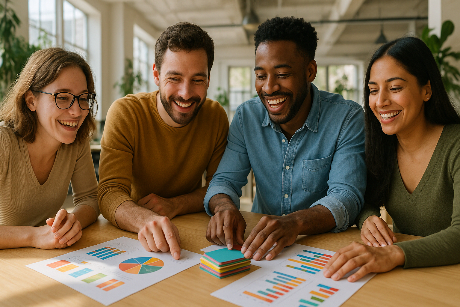 Équipe de startup discutant autour de graphiques colorés en espace lumineux