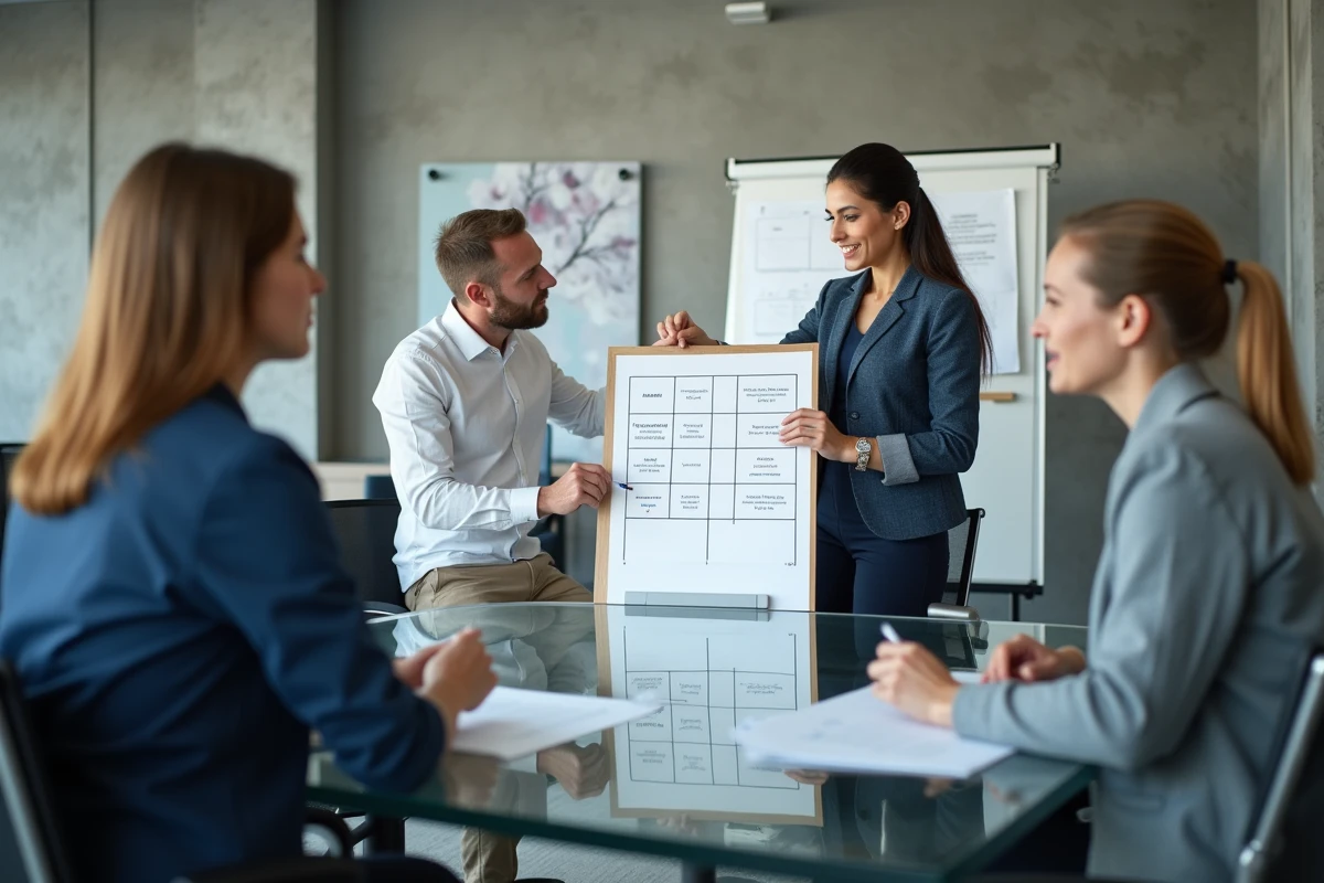 Équipe de consultants en stratégie collaborant sur une matrice McKinsey lors d'une réunion d'entreprise